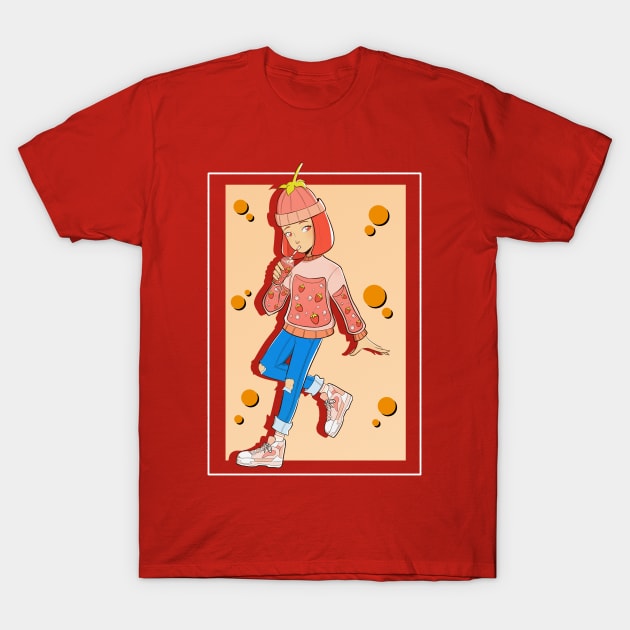 Cute Strawberry Juice Girl (Retro Cartoon Coloring) T-Shirt by DTyper